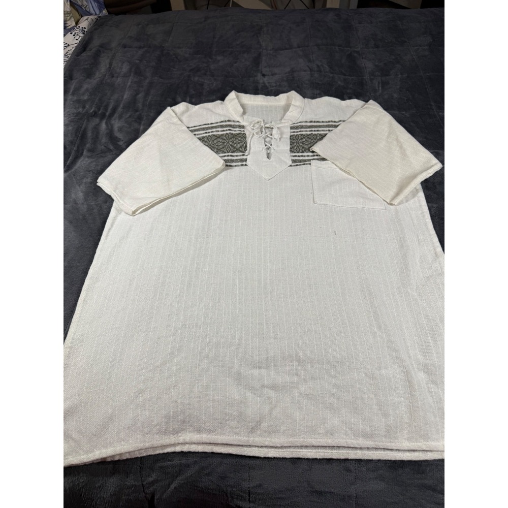 Mens White Ethnic Shirt Short Sleeve Pocket Lace Up Top Summer Casual